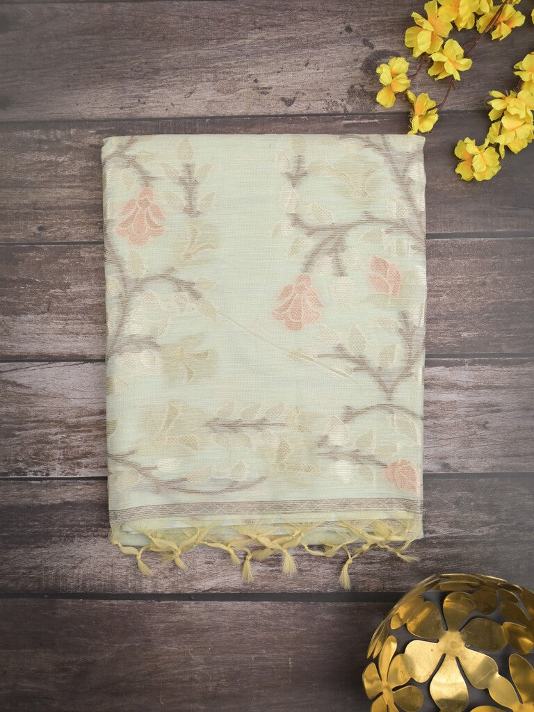 Chanderi fancy saree light pista green color allover weaves & weaving pallu and attached plain blouse