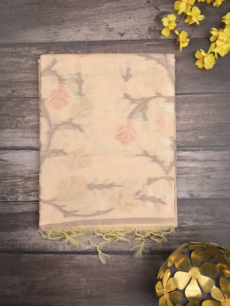 Chanderi fancy saree light peach color allover weaves & weaving pallu and attached plain blouse