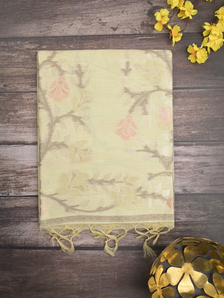 Chanderi fancy saree pastel green color allover weaves & weaving pallu and attached plain blouse