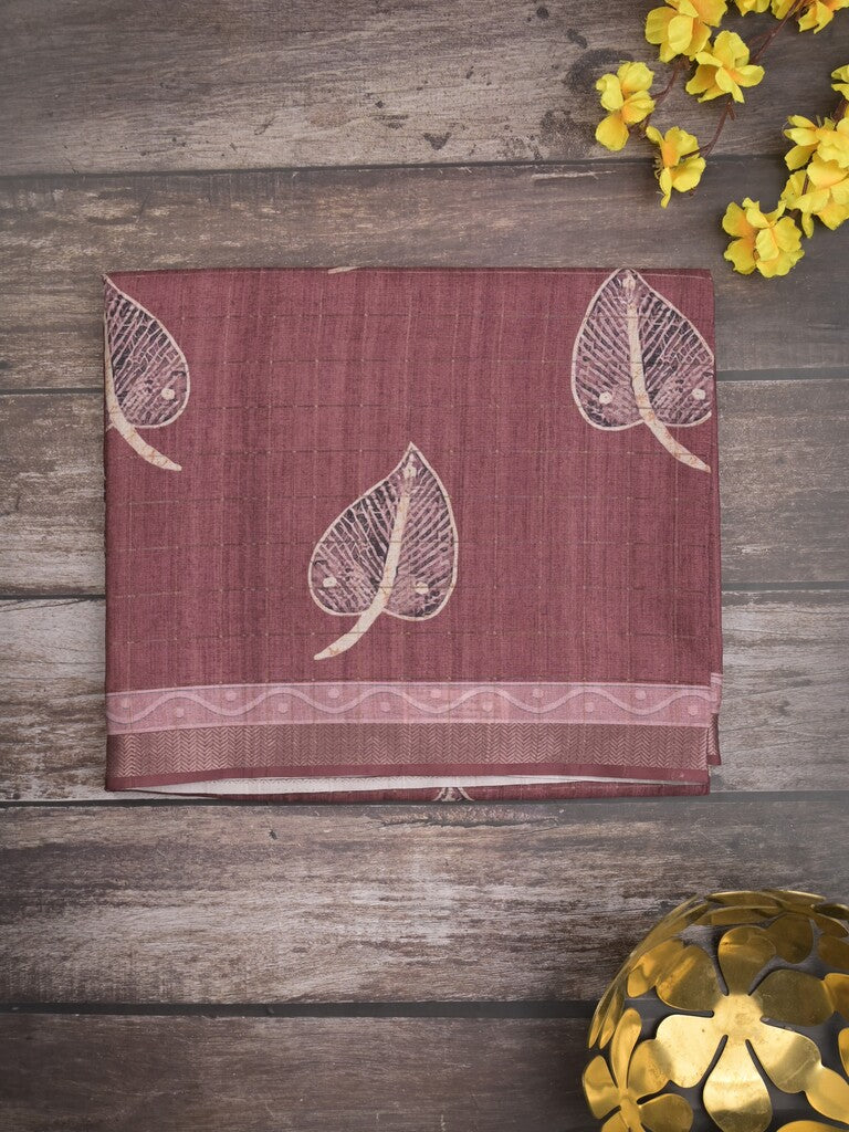Tussar fancy saree maroon color allover prints & small kaddi border with short printed pallu and attached blouse