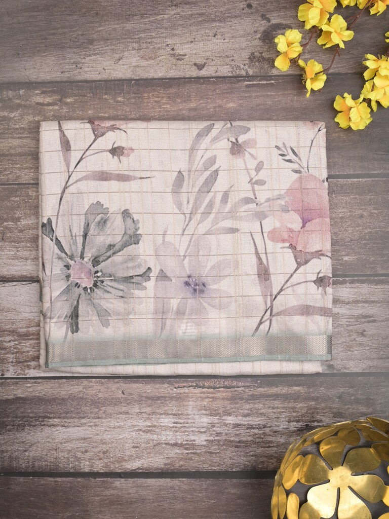 Tussar fancy saree pastel grey color allover prints & small kaddi border with short printed pallu and attached blouse