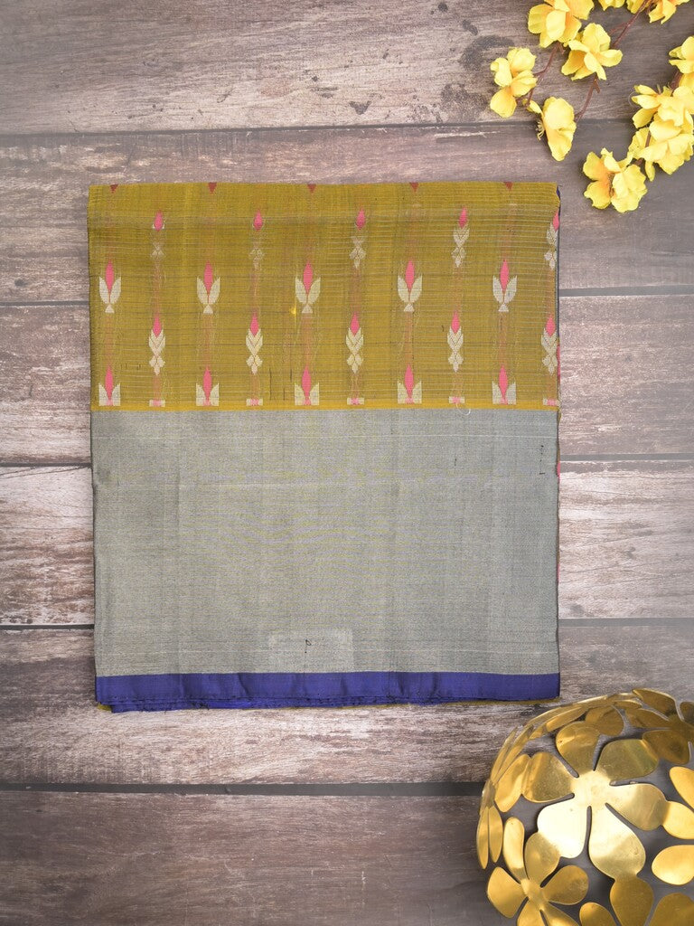 Uppada pattu saree olive green color allover zari motifs & long kaddi border with rich pallu and contrast plain blouse