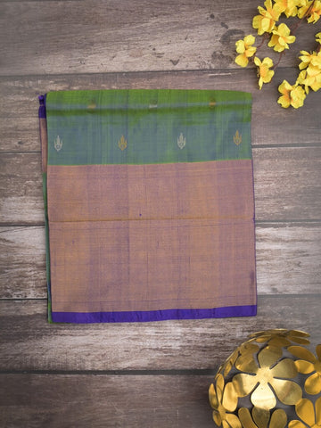 Uppada pattu saree peacock green color allover zari motifs & long kaddi border with rich pallu and contrast plain blouse