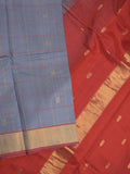 Uppada seiko pattu saree bluish grey color allover checks, motifs & zari border with contrast pallu and plain blouse