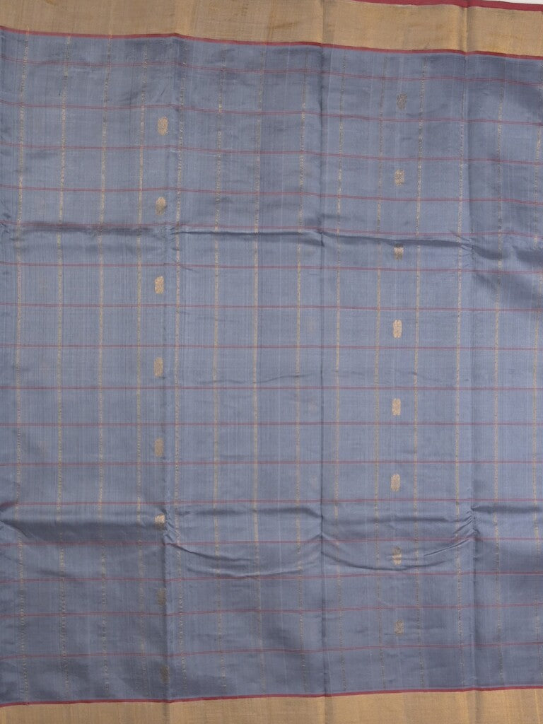 Uppada seiko pattu saree bluish grey color allover checks, motifs & zari border with contrast pallu and plain blouse