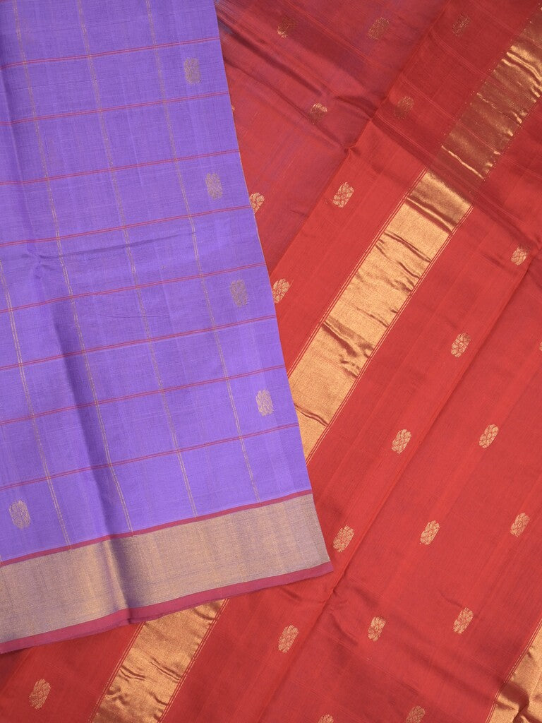 Uppada seiko pattu saree purple color allover checks, motifs & zari border with contrast pallu and plain blouse