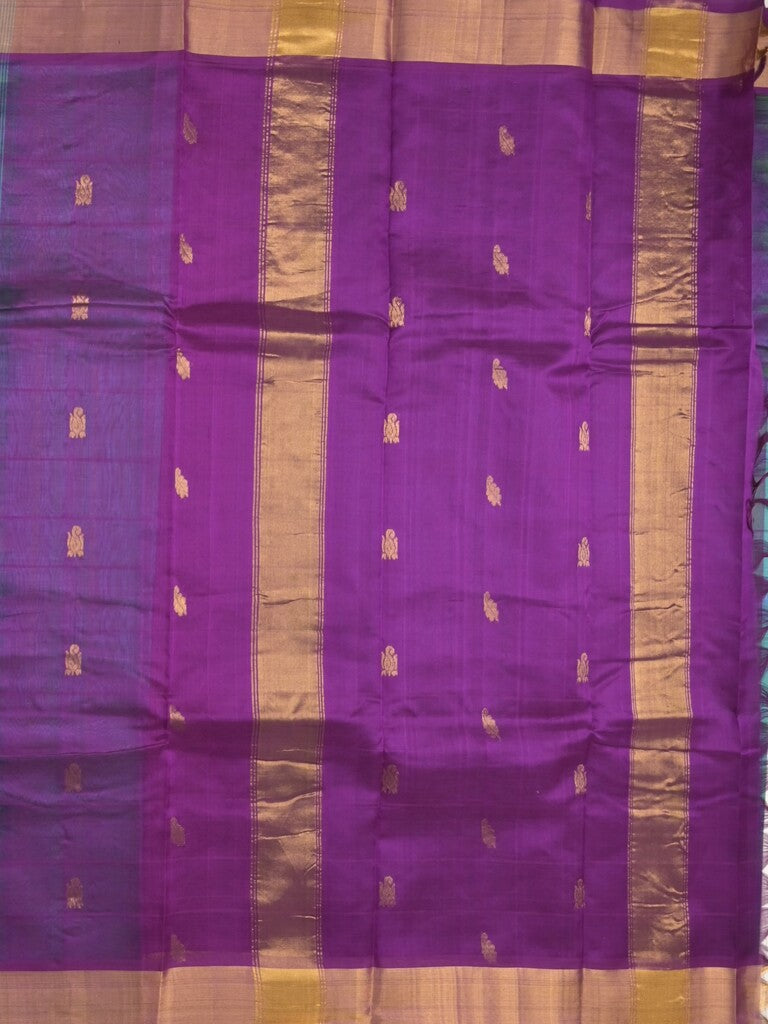 Uppada seiko pattu saree lux green color allover checks, motifs & zari border with contrast pallu and plain blouse