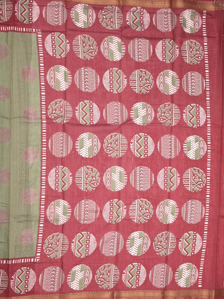 Maheshwari fancy saree light olive green color allover motifs & zari border with printed pallu and contrast blouse