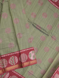 Maheshwari fancy saree light olive green color allover motifs & zari border with printed pallu and contrast blouse