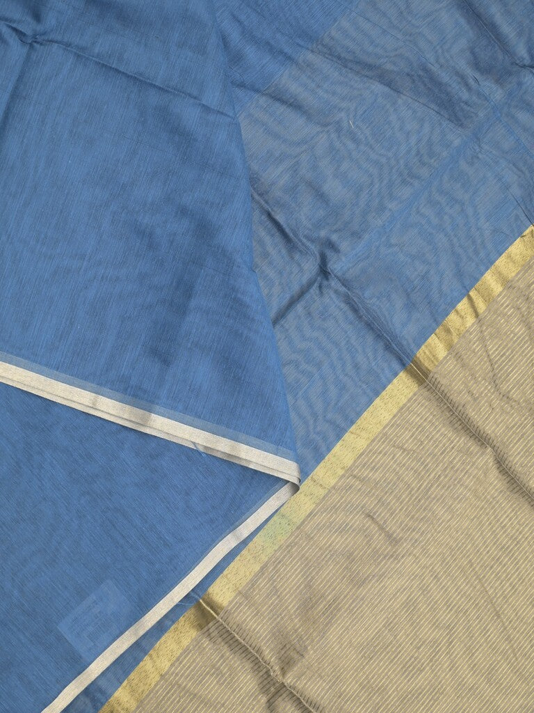 Maheshwari fancy saree blue color allover plain and small kaddi border with contrast plain pallu and attached blouse