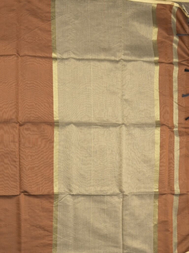 Maheshwari fancy saree brown color allover plain and small kaddi border with contrast plain pallu and attached blouse