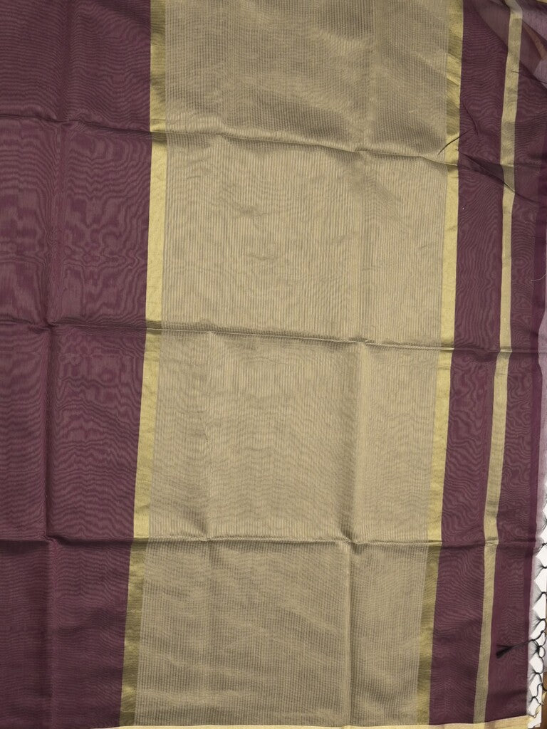 Maheshwari fancy saree dark brown color allover plain and small kaddi border with contrast plain pallu and attached blouse