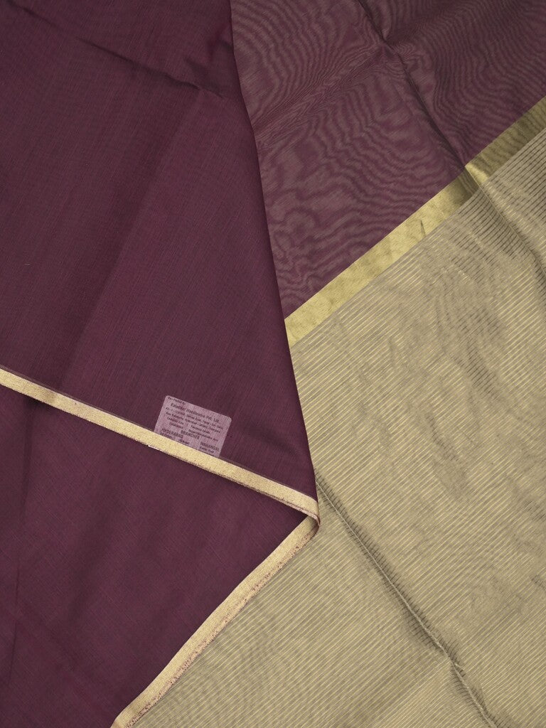 Maheshwari fancy saree dark brown color allover plain and small kaddi border with contrast plain pallu and attached blouse