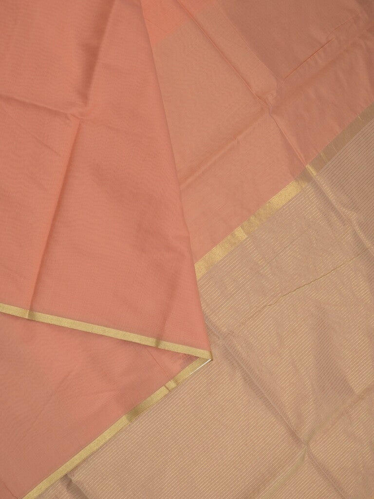 Maheshwari fancy saree peach color allover plain and small kaddi border with contrast plain pallu and attached blouse