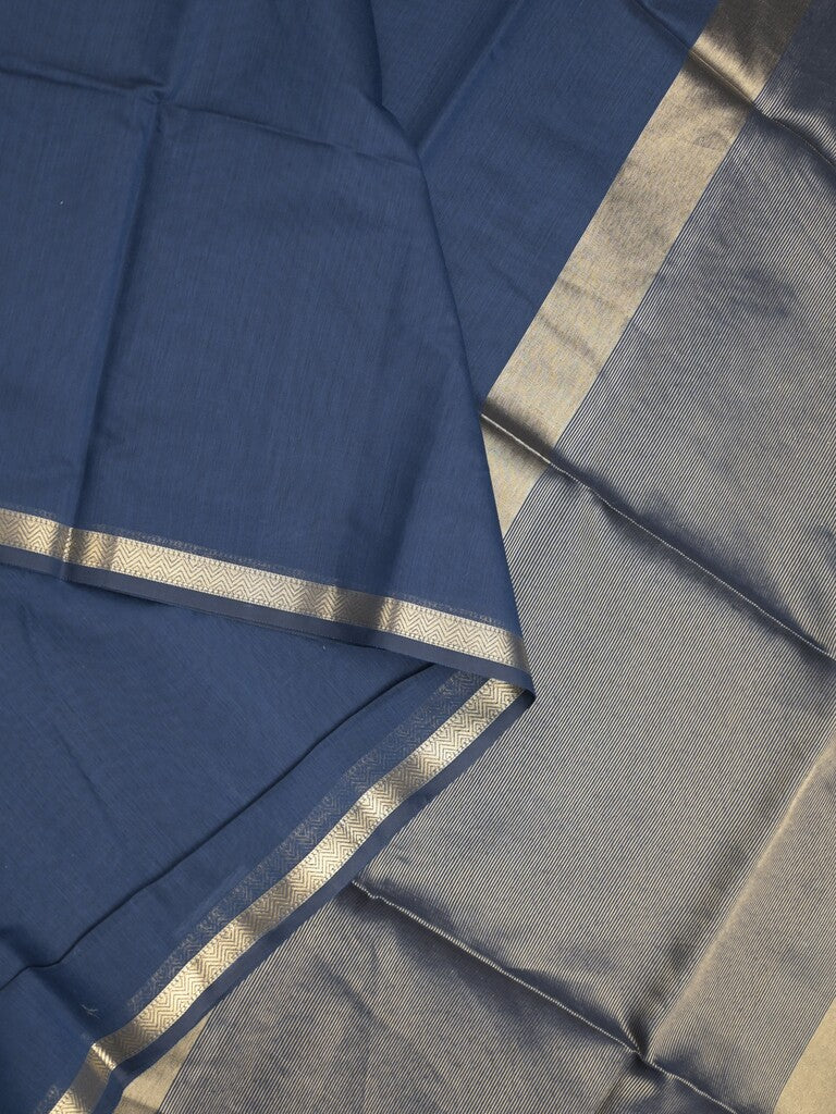 Maheshwari fancy saree navy blue color allover plain and small kaddi border with self pallu and attached blouse