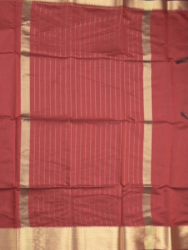 Maheshwari fancy saree maroon color allover plain and temple border with stripes pallu and attached blouse