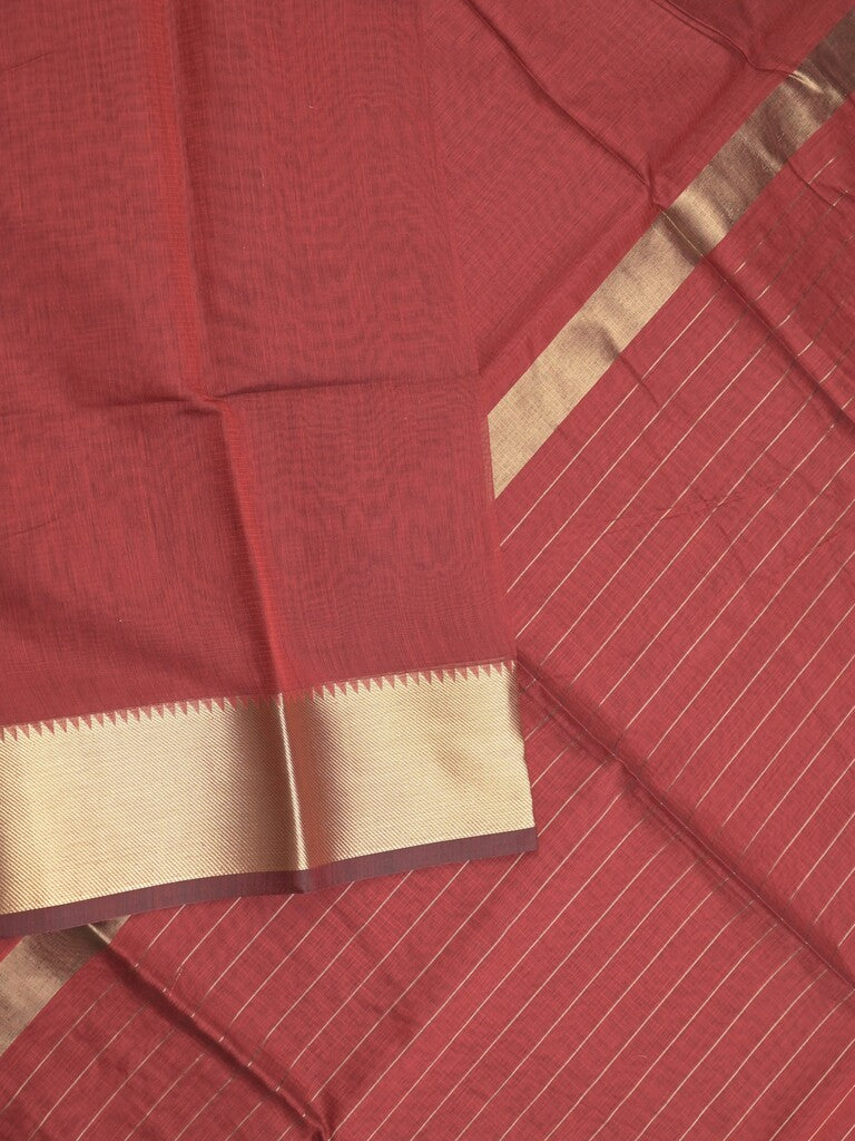 Maheshwari fancy saree maroon color allover plain and temple border with stripes pallu and attached blouse