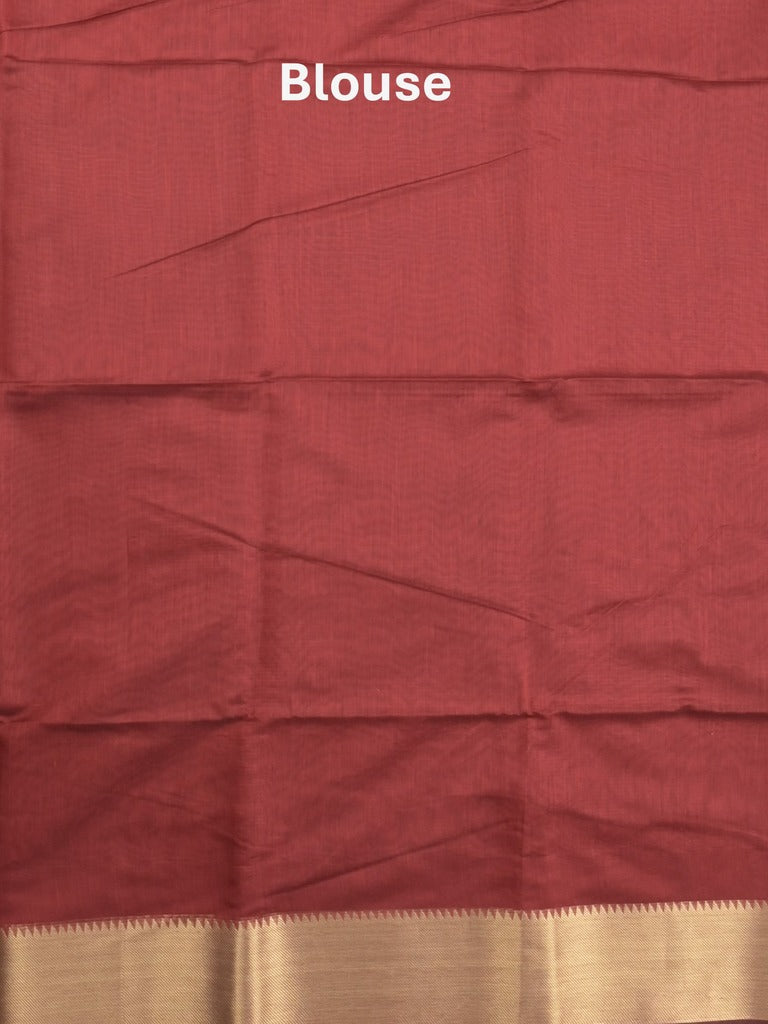 Maheshwari fancy saree maroon color allover plain and temple border with stripes pallu and attached blouse