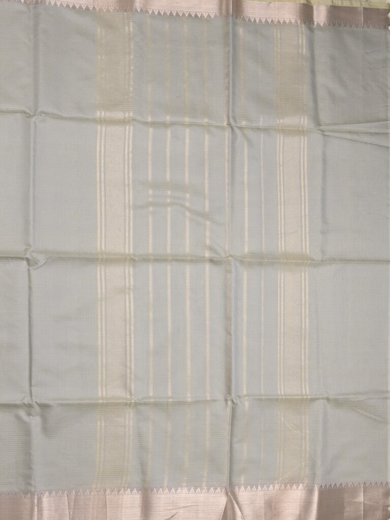 Maheshwari fancy saree grey color allover plain and temple border with stripes pallu and attached blouse