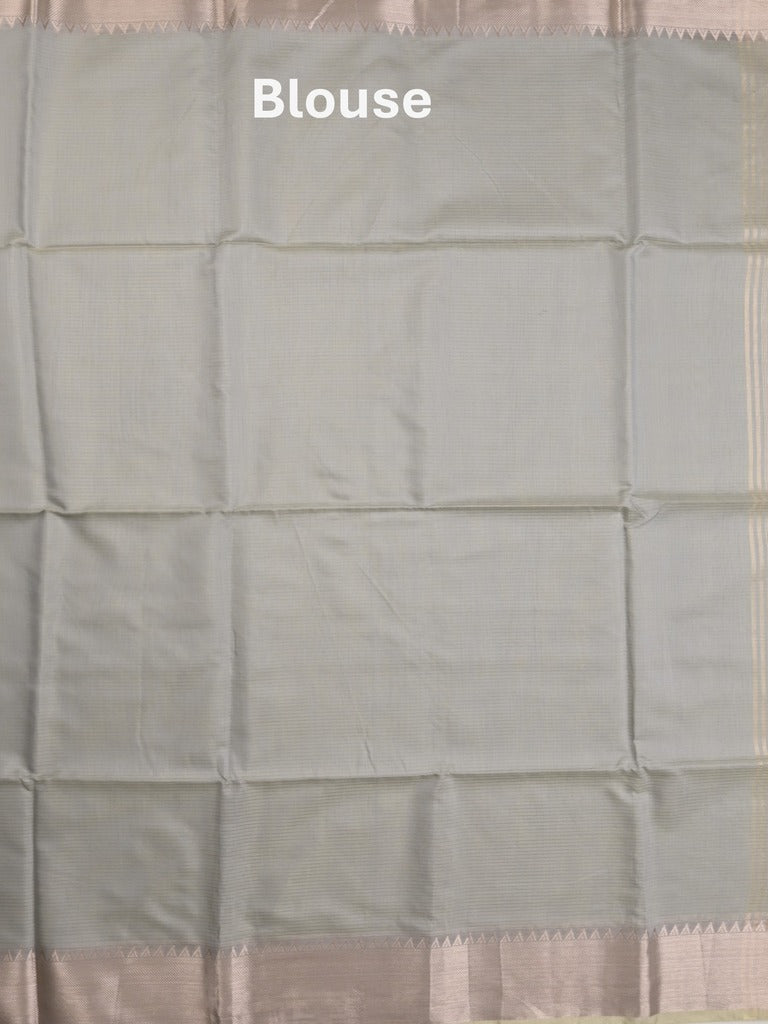 Maheshwari fancy saree grey color allover plain and temple border with stripes pallu and attached blouse