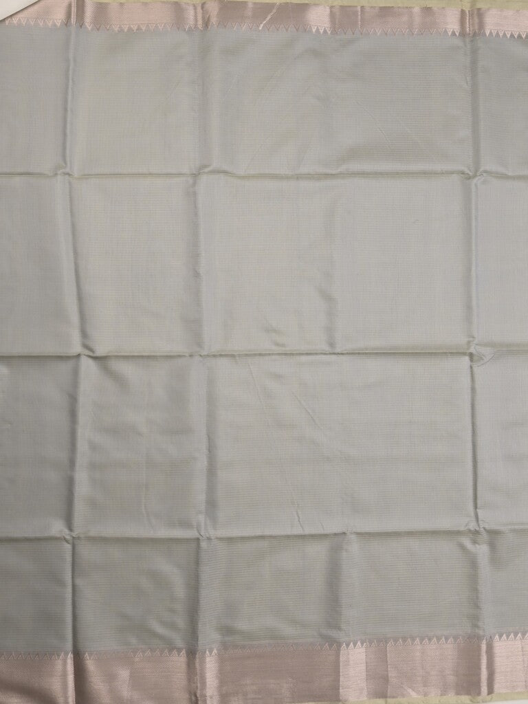 Maheshwari fancy saree grey color allover plain and temple border with stripes pallu and attached blouse