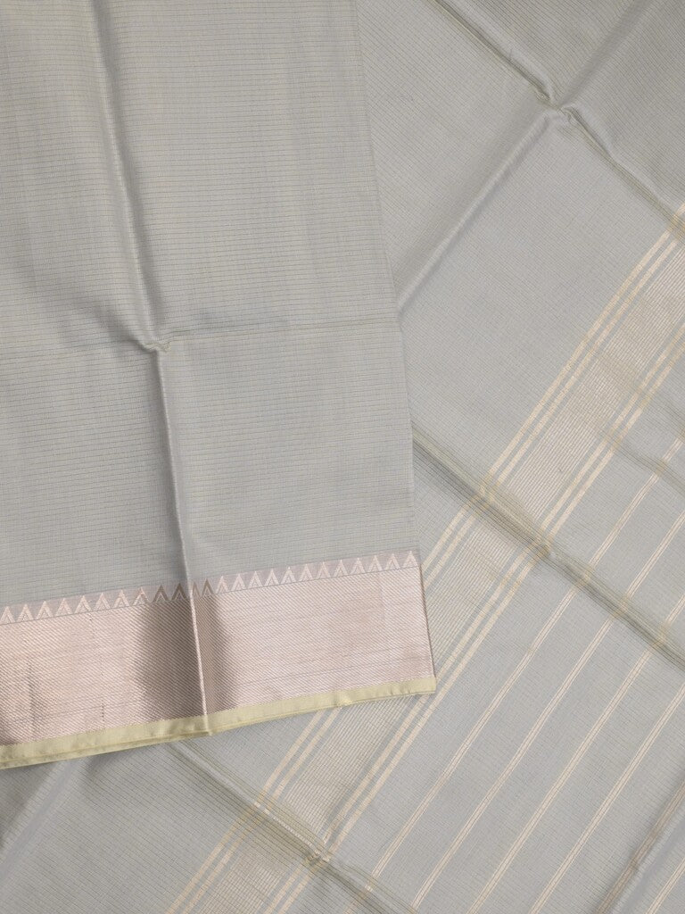 Maheshwari fancy saree grey color allover plain and temple border with stripes pallu and attached blouse