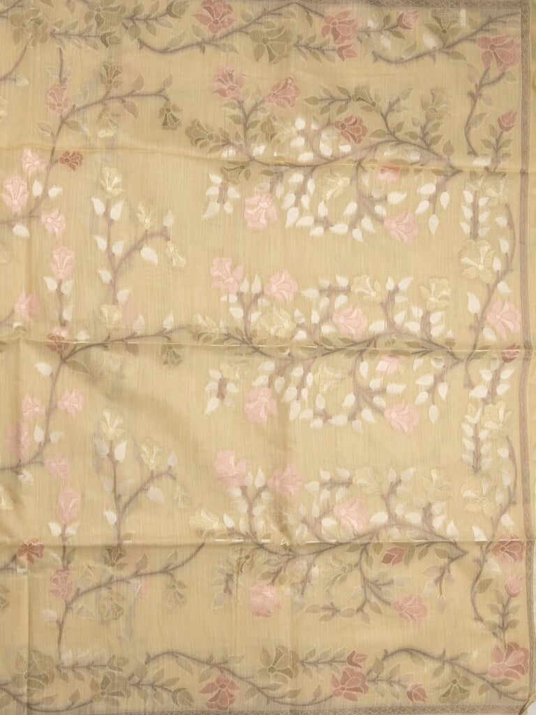 Chanderi fancy saree pastel yellow color allover weaves & weaving pallu and attached plain blouse