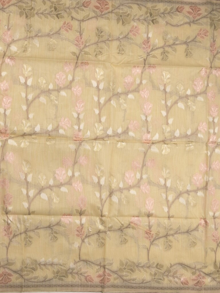 Chanderi fancy saree pastel yellow color allover weaves & weaving pallu and attached plain blouse