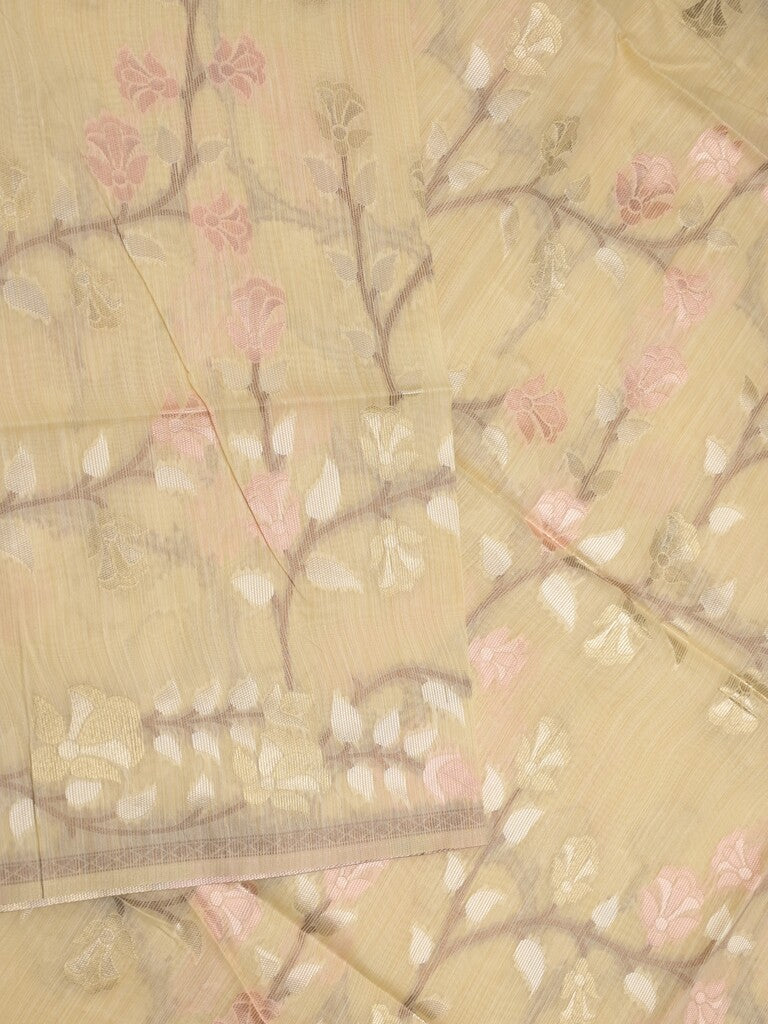 Chanderi fancy saree pastel yellow color allover weaves & weaving pallu and attached plain blouse