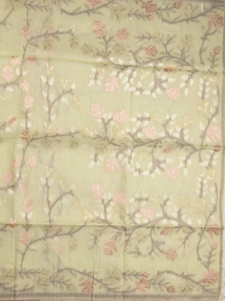 Chanderi fancy saree pastel green color allover weaves & weaving pallu and attached plain blouse
