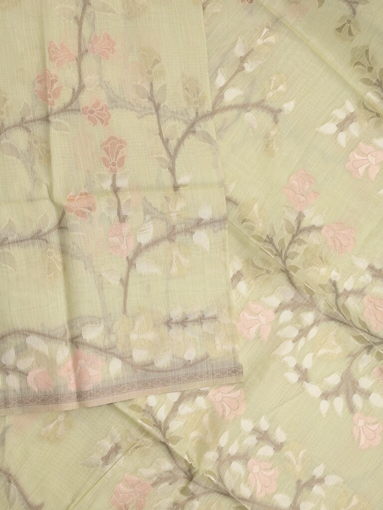 Chanderi fancy saree pastel green color allover weaves & weaving pallu and attached plain blouse