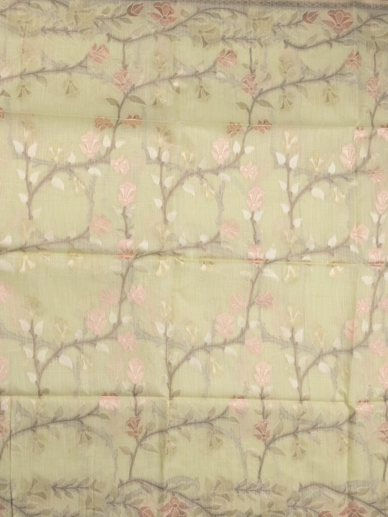 Chanderi fancy saree pastel green color allover weaves & weaving pallu and attached plain blouse