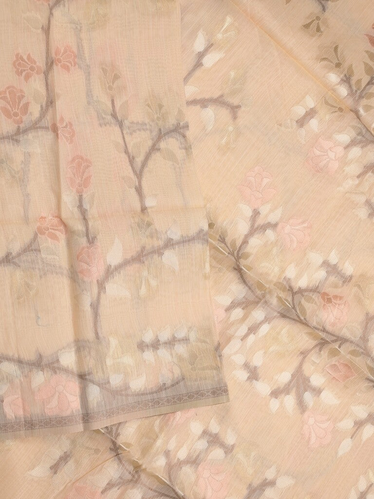 Chanderi fancy saree light peach color allover weaves & weaving pallu and attached plain blouse