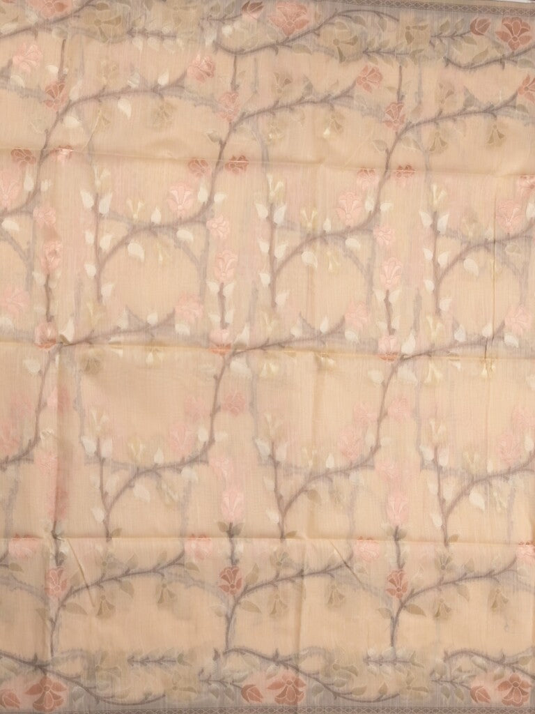 Chanderi fancy saree light peach color allover weaves & weaving pallu and attached plain blouse