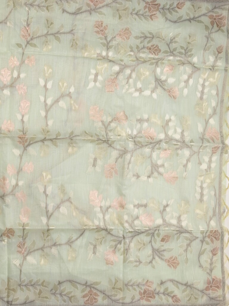 Chanderi fancy saree light pista green color allover weaves & weaving pallu and attached plain blouse