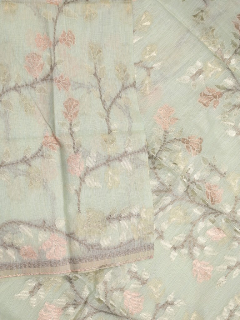 Chanderi fancy saree light pista green color allover weaves & weaving pallu and attached plain blouse