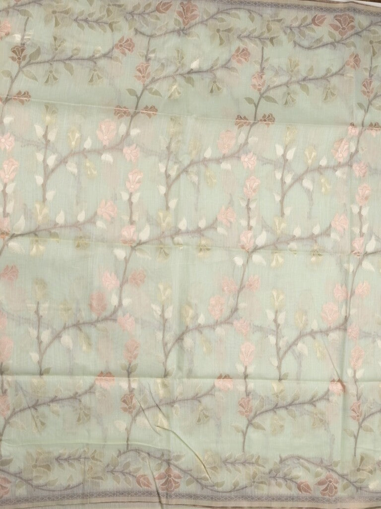 Chanderi fancy saree light pista green color allover weaves & weaving pallu and attached plain blouse