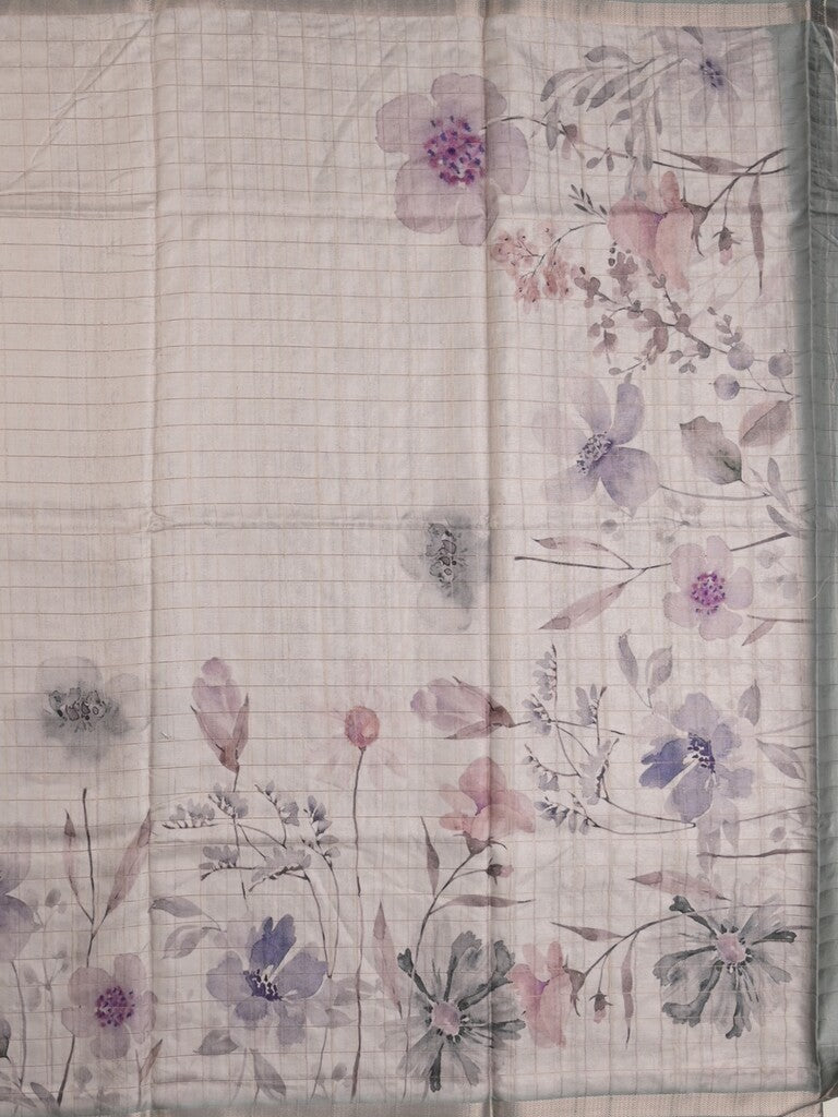 Tussar fancy saree pastel grey color allover prints & small kaddi border with short printed pallu and attached blouse