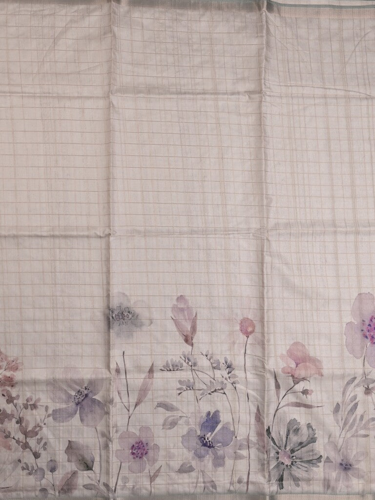 Tussar fancy saree pastel grey color allover prints & small kaddi border with short printed pallu and attached blouse