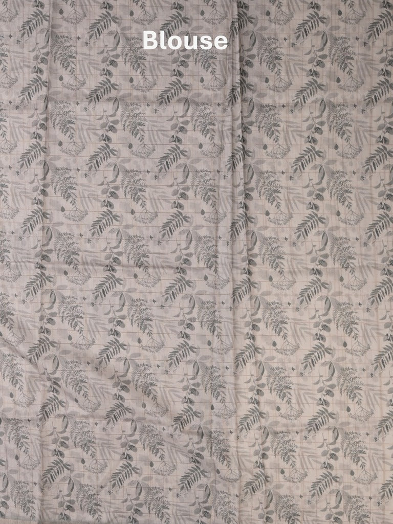 Tussar fancy saree pastel grey color allover prints & small kaddi border with short printed pallu and attached blouse