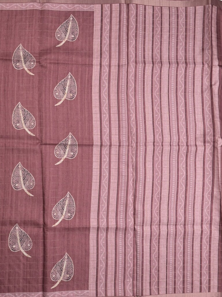 Tussar fancy saree maroon color allover prints & small kaddi border with short printed pallu and attached blouse