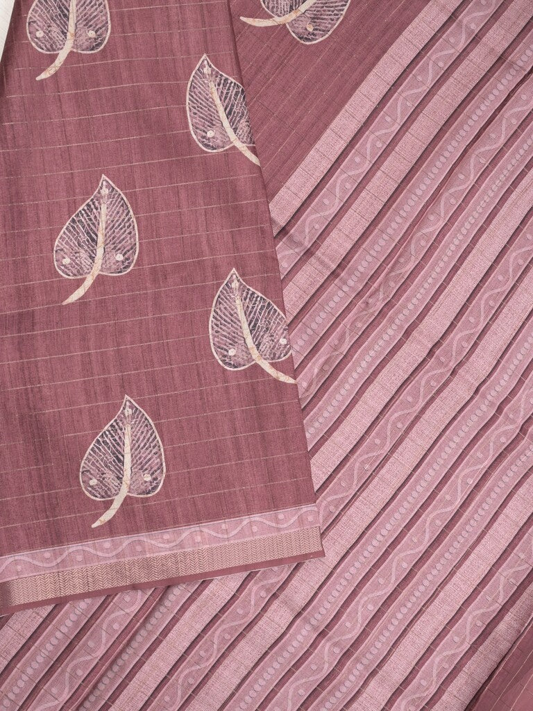 Tussar fancy saree maroon color allover prints & small kaddi border with short printed pallu and attached blouse