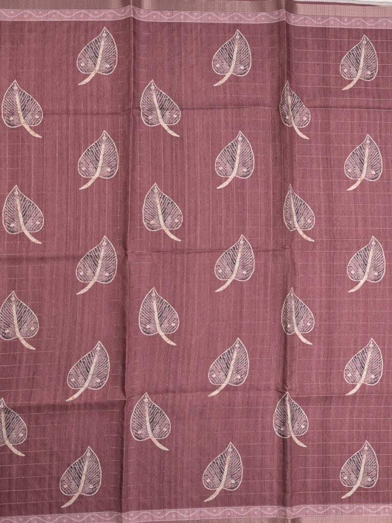 Tussar fancy saree maroon color allover prints & small kaddi border with short printed pallu and attached blouse