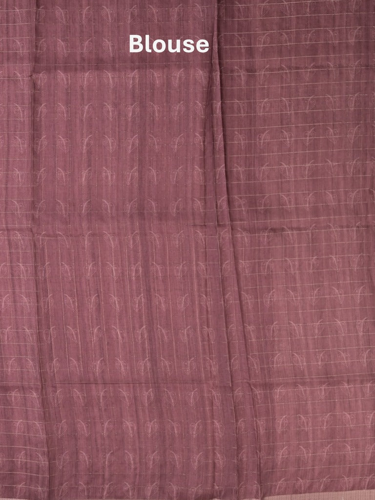 Tussar fancy saree maroon color allover prints & small kaddi border with short printed pallu and attached blouse