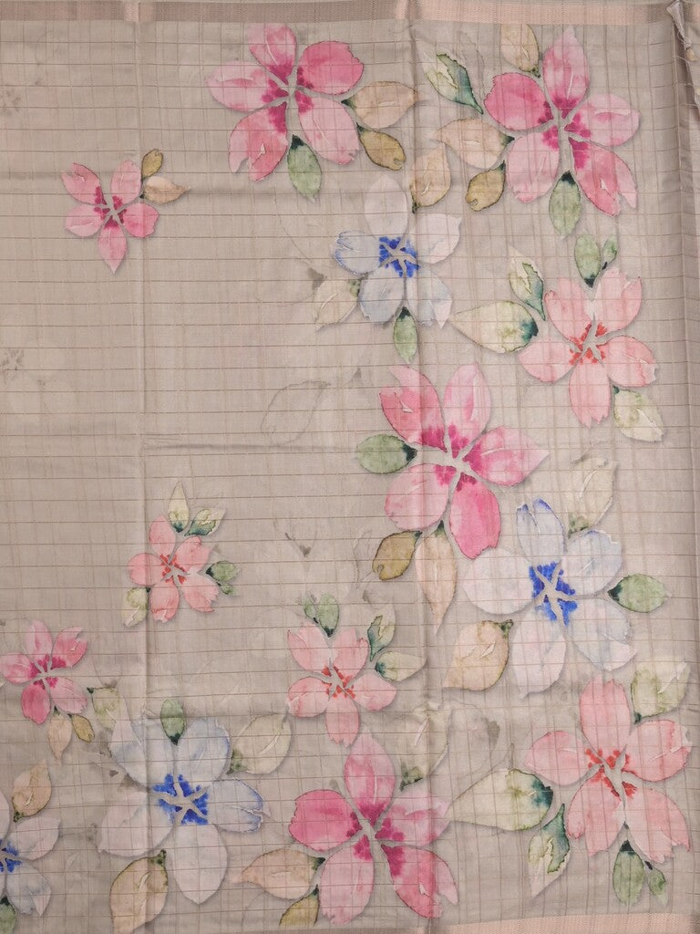 Tussar fancy saree light grey color allover prints & small kaddi border with short printed pallu and attached blouse