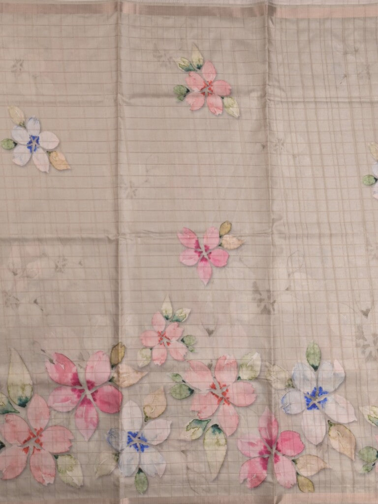 Tussar fancy saree light grey color allover prints & small kaddi border with short printed pallu and attached blouse