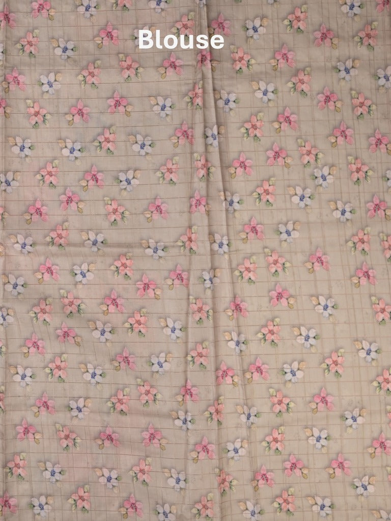 Tussar fancy saree light grey color allover prints & small kaddi border with short printed pallu and attached blouse