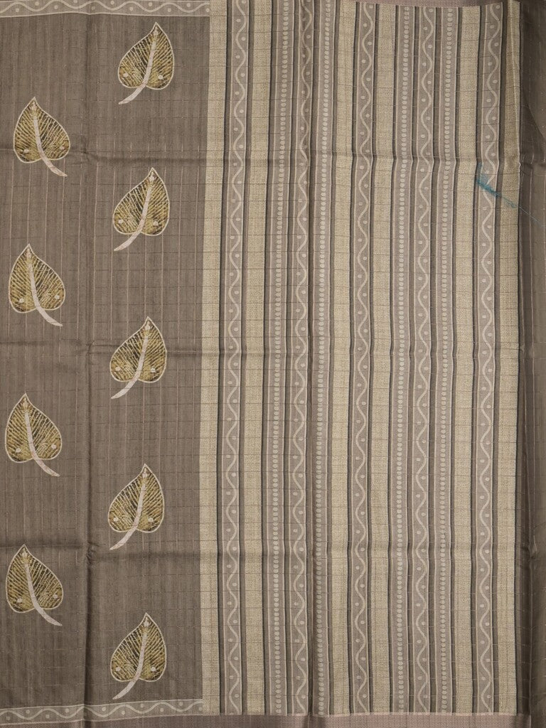 Tussar fancy saree grey color allover prints & small kaddi border with short printed pallu and attached blouse