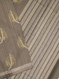 Tussar fancy saree grey color allover prints & small kaddi border with short printed pallu and attached blouse