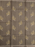Tussar fancy saree grey color allover prints & small kaddi border with short printed pallu and attached blouse